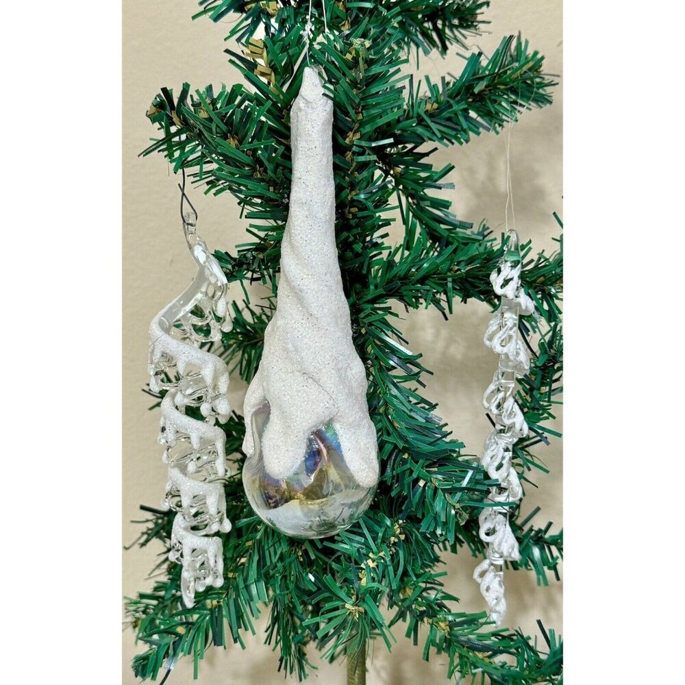 3 Blown Glass Glitter Icicle Teardrop Christmas Ornaments Sugar Mica 6” Vintage
